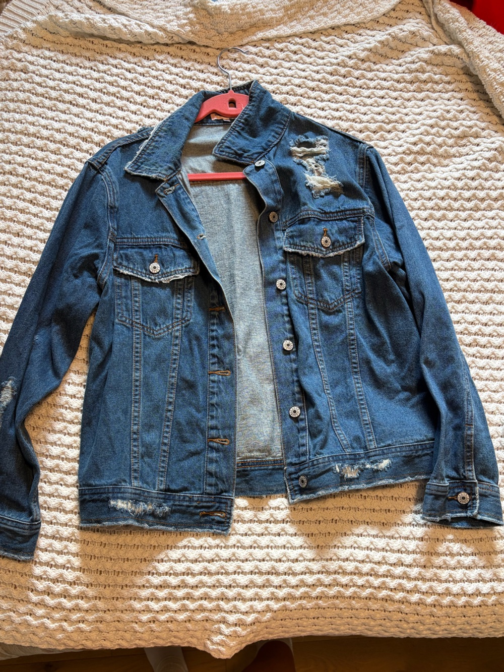Women's Distressed Blue Denim Jacket - Casual Jean Jacket